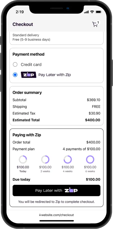 screenshot of a Zip payment plan
