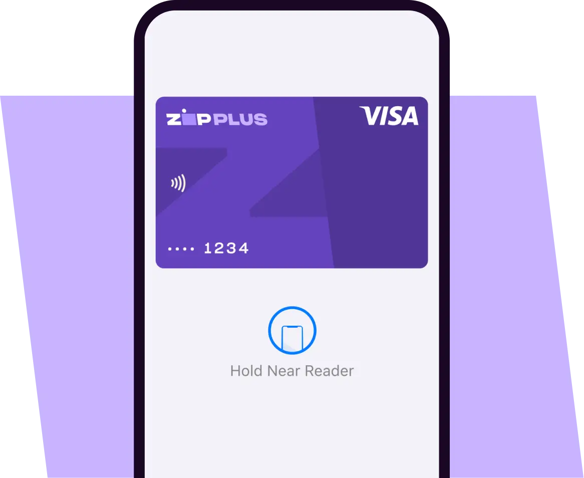 Mobile phone screen featuring a Zip Plus payment card
