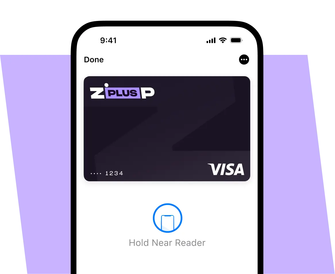 Mobile phone screen featuring a Zip Plus payment card