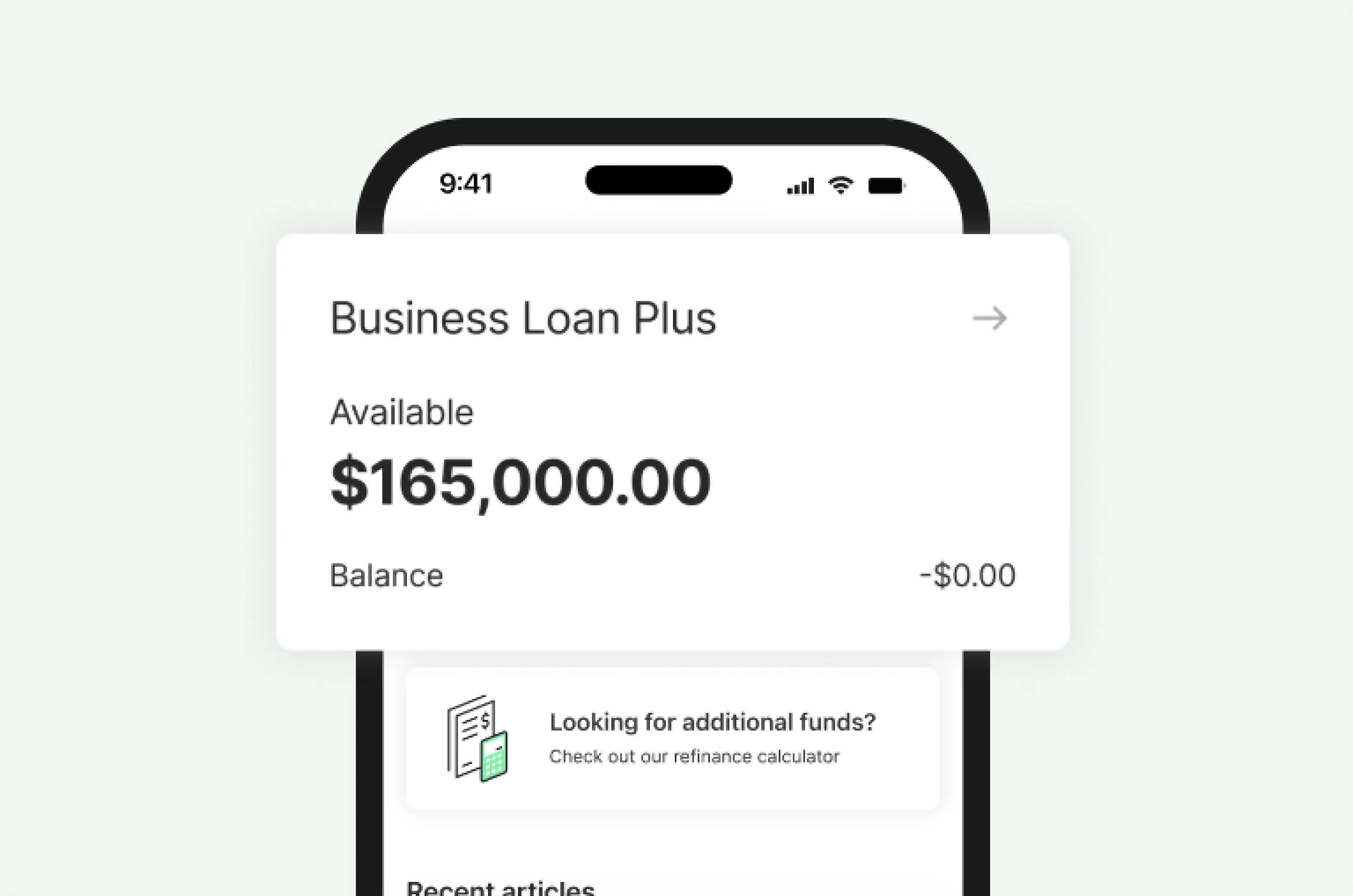 Phone showing a Business Loan Plus screen with $165,000 available and a balance of -$0.