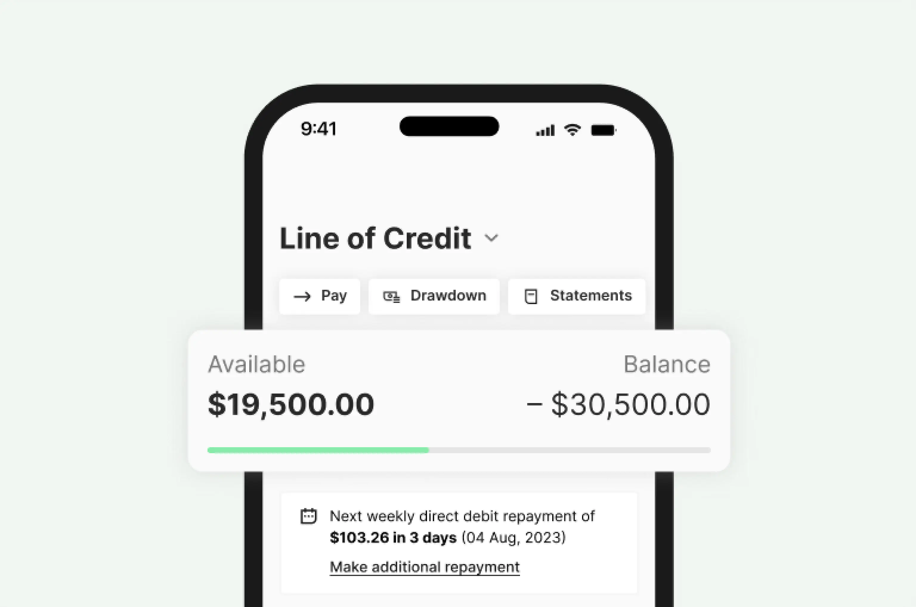 Phone showing a line of credit screen with $19,500 available and a balance of -$30,500.