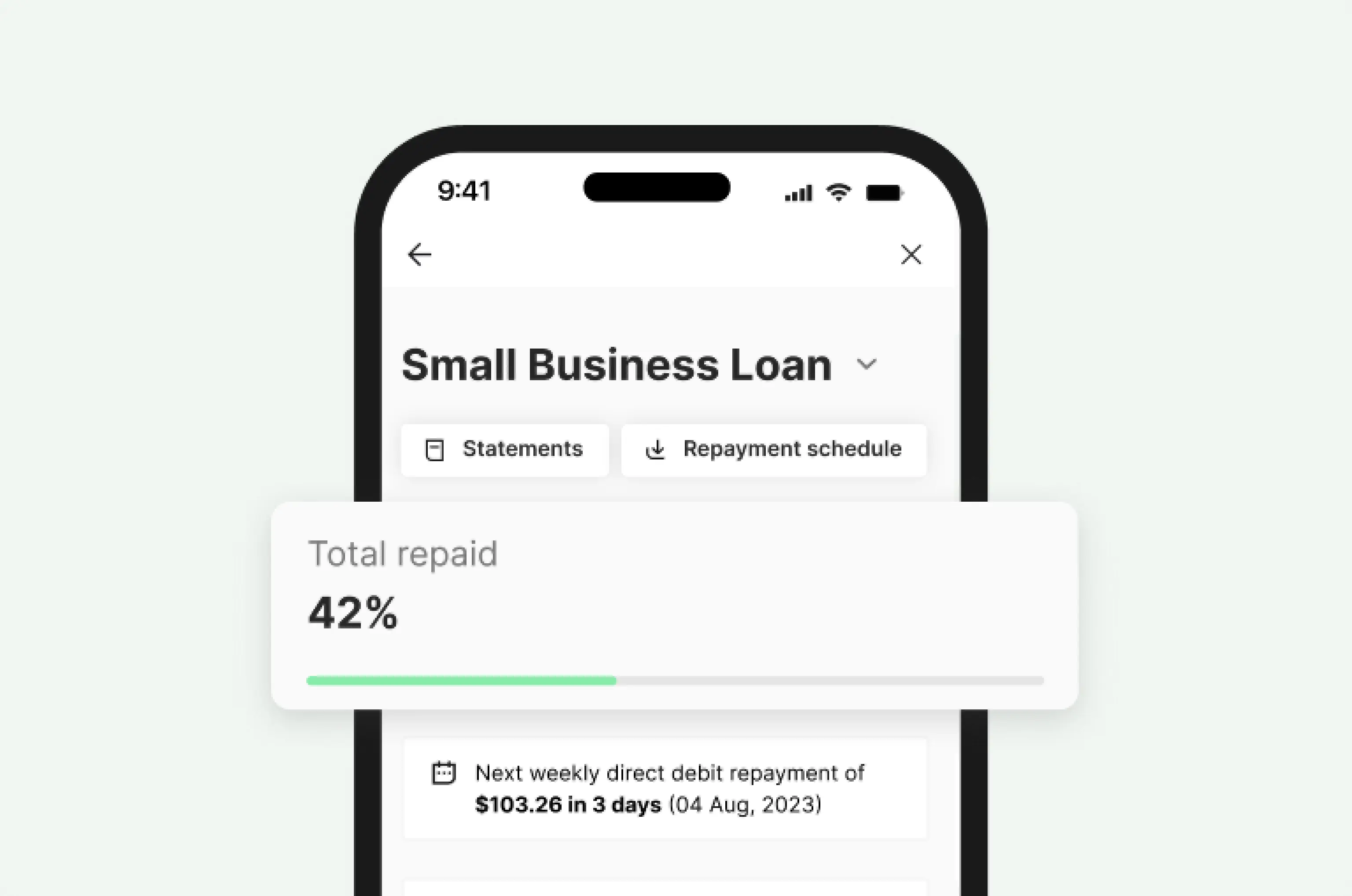 Phone showing a small business loan screen with a total repaid of 42%